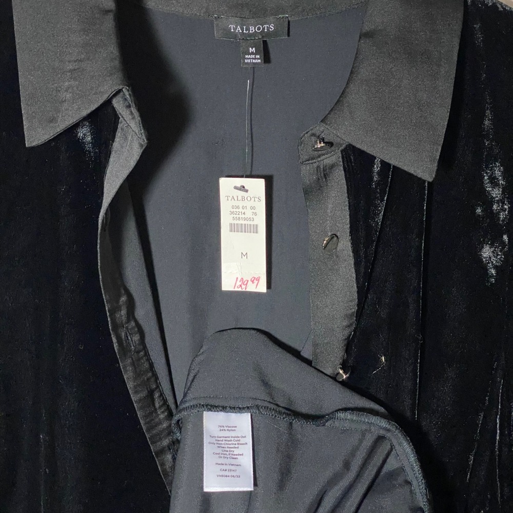NWT Talbots Whimsigoth Black Crushed Velvet Satin Collar Shift Dress Velour - M - Picture 9 of 10